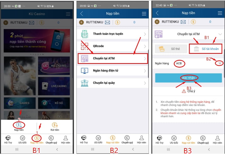 Hướng dẫn nạp tiền bằng chuyển khoản tại ATM